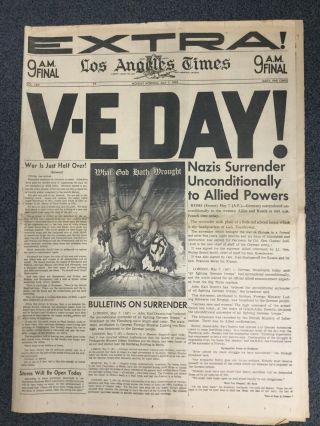 Nazi Germany Surrenders - World War 2 Ii - 1945 Los Angeles Times Newspaper