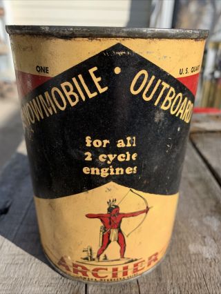 Vintage Archer Snowmobile & Outboard 2 Cycle Oil 1 Quart Can Advertising