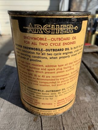 Vintage ARCHER Snowmobile & Outboard 2 Cycle Oil 1 Quart Can Advertising 2