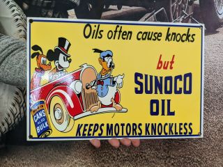 Old Vintage Sunoco Oil Gasoline Porcelain Enamel Gas Pump Sign Motor Mickey