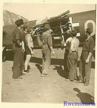 Lucky Survivor Luftwaffe Airmen Examine Huge Canon Hit On Ju - 88 Bomber Fuselage
