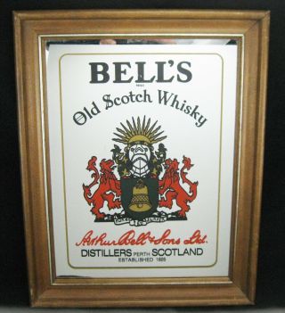 Vintage Bell’s Old Scotch Whisky Wood - Framed Mirror – Bar,  Man Cave Decor