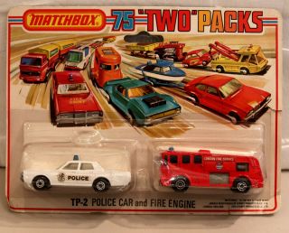 Dte 1975 Card Lesney Matchbox Superfast Twin Pack Tp - 2 Police Car & Fire Engine