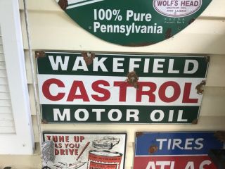 Antique Style - Porcelain Look Castrol Wakefield Dealer Gas Pump Motor Oil Sign