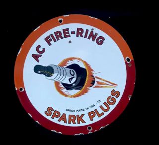 Vintage 1953 Ac Fire Ring Spark Plugs 12” Porcelain Sign Car Auto Truck Oil Gas
