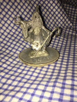 Crystal Pewter Wizard Figurine W/crystal Ball And Cane On Quartz Base - 4 " High