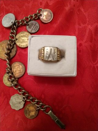 Post Wwii Era 1946 Paris U.  S.  Souvenir Eiffel Tower Peace Ring & Coin Bracelet