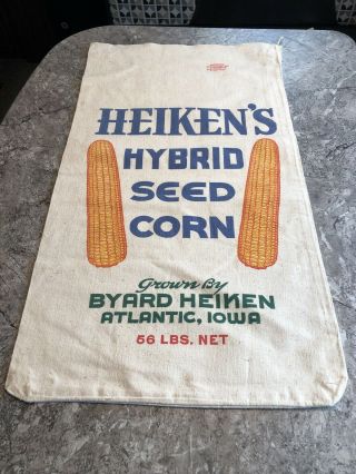 Vintage Heikens Hybrid Seed Corn Sack Atlantic Iowa Farm Feed Cloth