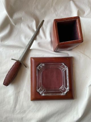 Vintage Leather Desk Set,  Pencil Case,  Leather And Glass Ashtray,  Letter Opener