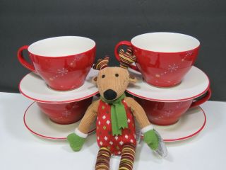 Set Of 4 Starbucks 2006 Holiday Christmas Large Cups Saucers Latte Tea Red