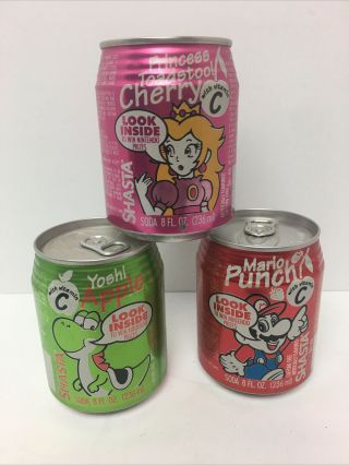 3 Vintage Cans 1993 Mario/ Yoshi/ Princess Shasta Empty 8oz.