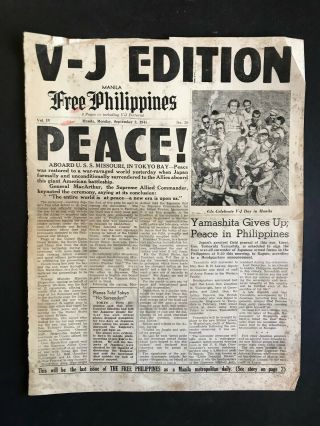 Philippines Manila Newspaper - V - J Japan Edition Sep 3 1945 World War 2 Peace