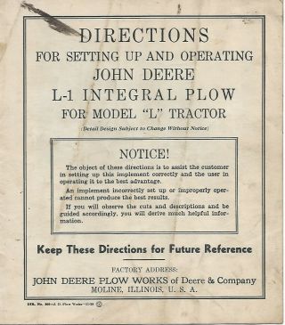 John Deere Tractor L,  La L1 Series Plow Directions