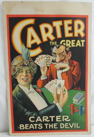 1926 Carter The Great Beats The Devil 22 " X 14 " Poster Sign Window Card Board