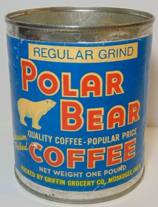 Old Vintage 1960s Polar Bear Coffee Graphic 1 Pound Coffee Tin Muskogee Oklahoma
