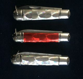 Vintage Magic Trick Set Of 3 Color Changing Knives Dave Powell Red,  White Pearl