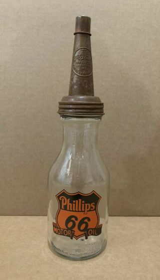 Vintage Phillips 66 Glass Motor Oil Bottle Masters Spout Gas Station Can Sign