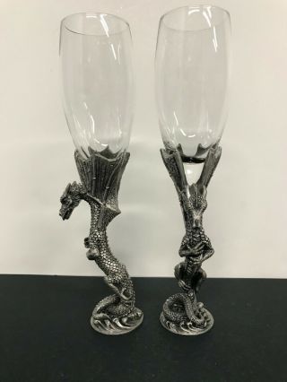 Pair Myths And Legends Veronese Pewter Dragon Wine Champagne Flute Glass Goblet