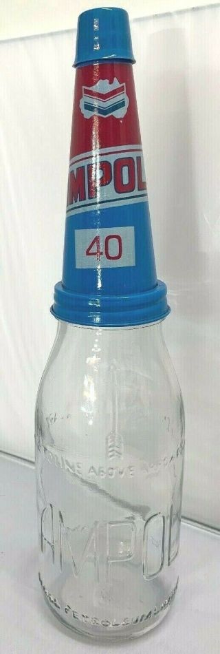 Old Style - 1 Quart Glass Ampol 40.  Oil Bottle,  Metal Pourer & Cap.
