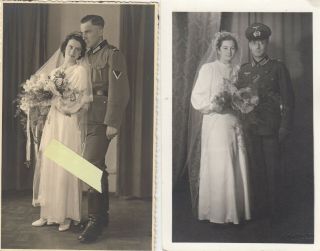 2 Portraits Of German Ww2 Soldiers With Brides,  Postcard Size