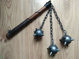 Older Triple Mace Metal Spiked Ball Medieval Weapon Chain Wood Handle Larp Decor