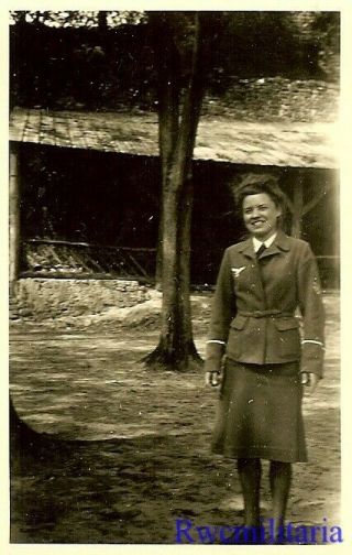 RARE Smiling Female Luftwaffe Blitzmädel Helferin Girl Posed by Building 2