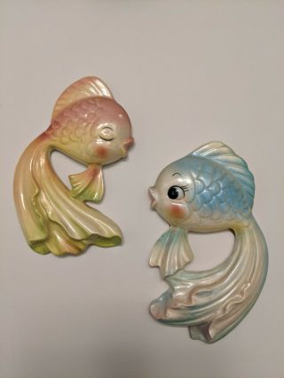 Vintage Norcrest Ceramic Wall Plaques Sweet Iridescent Pink & Blue Kissing Fish