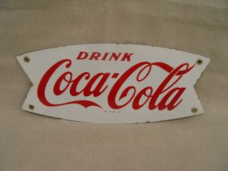 Vintage 12 " Coca - Cola Fishtail Die - Cut Porcelain Advertising Coke Soda Sign