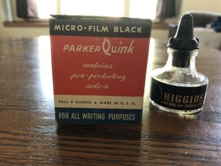 Vintage Parker Quink 2 Oz Bottle Of Micro Film Black Ink W/box,  Higgins Dropper