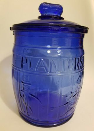 Planters Running Mr Peanut Cobalt Blue Glass Barrel Jar Store Display