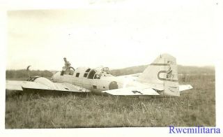 Org.  Photo: Us Soldier W/ Shot Down Japanese Ki - 46 Recon Plane In Field