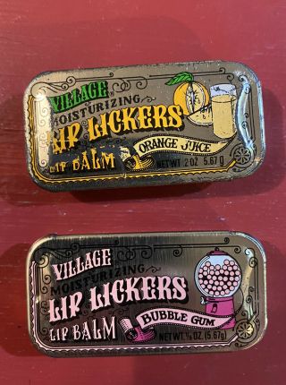 2 Vintage Village Lip Lickers Balm Tin 80’s Bubble Gum & Orange Juice