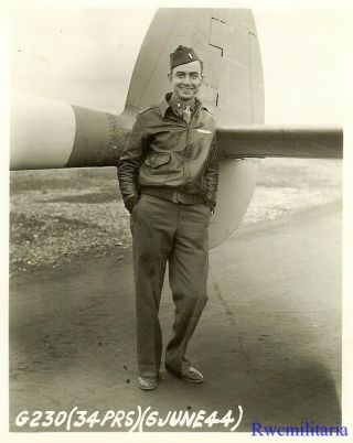 Org.  Photo: 34th Photo Recon Squadron Pilot Posed By F - 5 Recon Plane; 1944 (1)