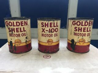 Vintage Shell Oil Cans - 2 Golden Shell & 1 Shell X - 100 (quarts)