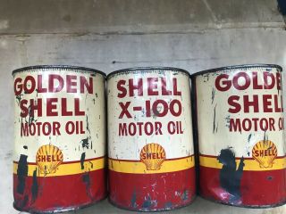 vintage shell oil cans - 2 Golden shell & 1 Shell X - 100 (quarts) 2