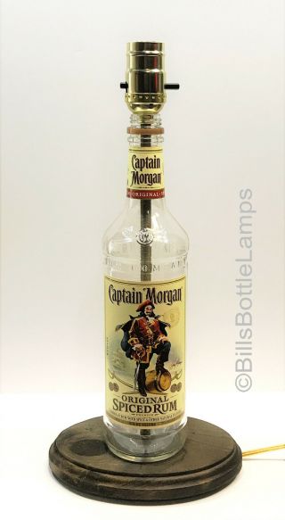 Captain Morgan Rum Liquor Bottle Table Lamp Light Wood Base Bar Lounge Man Cave