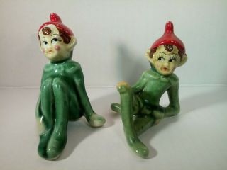 2 Vintage Green Pixie Elf Figurines Red Hat,  Ceramic,  Japan