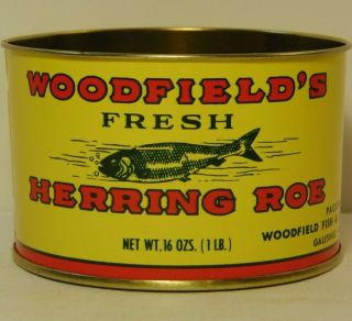 Vintage 1960s Woodfield Fish & Oyster Co Galesville Maryland Herring Roe Tin Can