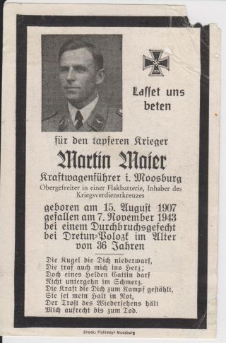Ww2 German Death Remembrance Card For Luftwaffe Corporal Martin Maier Flak Unit.