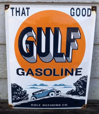 Large Vintage Old Gulf Gasoline Porcelain Gas Station Ad Metal Sign Good Gulf