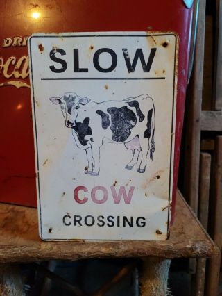 Vintage Old Cow Crossing Metal Tin Sign Farm Gas Oil John Deere