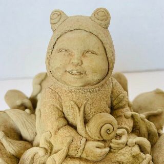 Carruth Figurine cement folk art elf baby snail fairy vtg stone flower frog toad 3