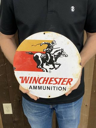 Winchester  Ammunition Porcelain Gas & Oil Sign 12 Inch