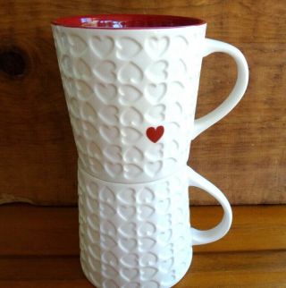 2 Starbucks 2007 Valentines Love Embossed Red Hearts 16oz Coffee/tea/cocoa Mugs