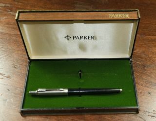 Vintage Parker Retractable Ballpoint Pen Orig.  Box Writes Chrome Black V.  G.  Cond.