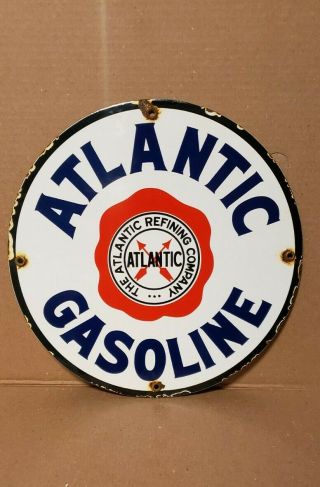 Atlantic Gasoline Porcelain Sign Vintage Gas Oil Brand Pump Plate Service