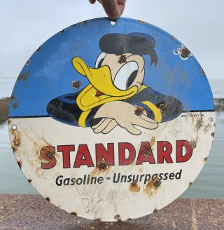 Old Vintage Walt Disney Donald Duck Porcelain Sign Gas Oil Standard Pump Plate