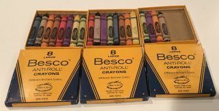 3 Boxes Vintage Besco Anti - Roll Crayons 8 Primary Colors Big Size 20 Total