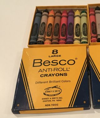 3 Boxes Vintage Besco Anti - Roll Crayons 8 Primary Colors Big Size 20 Total 2
