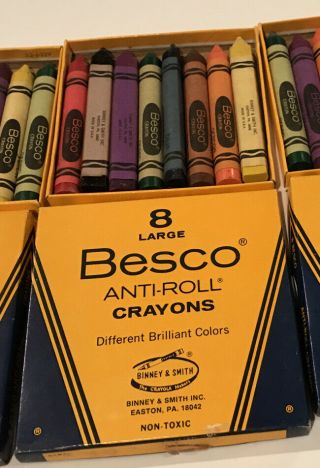 3 Boxes Vintage Besco Anti - Roll Crayons 8 Primary Colors Big Size 20 Total 3